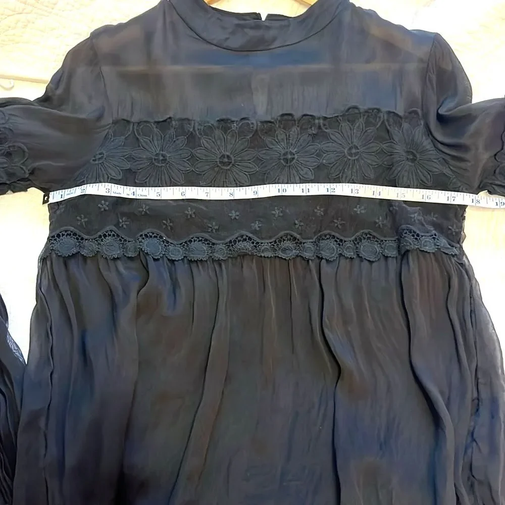Via Signoria Italy Silk Lace Long Sleeve Black Blouse Sz Medium Whimsigoth Boho - Picture 4 of 7